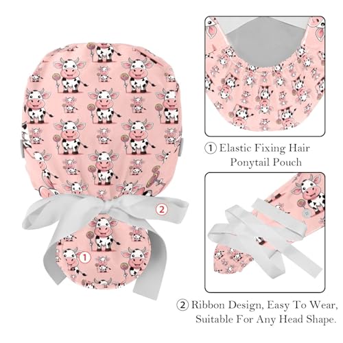 Image of 2 PCS Bouffant Cap with Button Ponytail Pouch Working Cap Sweatband Adjustable Surgical Cap Black and White Cow