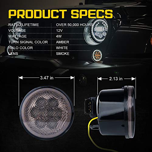 Image of Smoked Len Turn Signals Lights w /DRL Halo Compatible with 2007-2018 Jeep JK | Ultra-Bright LED, Parking Lights, ABS Plastic Shell, Waterproof, Plug N Play, Amber