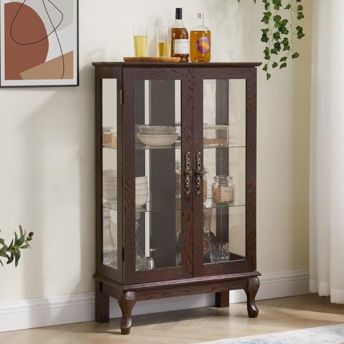 Image of 43 inch H Lighted Curio Cabinet Display Case, Glass Curio Cabinet with Adjustable Shelves and Tempered Glass Door, Wooden Cabinets w /Mirrored Back Pane for Living Room (Dark Cherry)