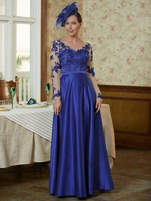 Long Sleeve Mother of The Bride Dresses for Women Satin Appliques Formal Party Evening Gowns2