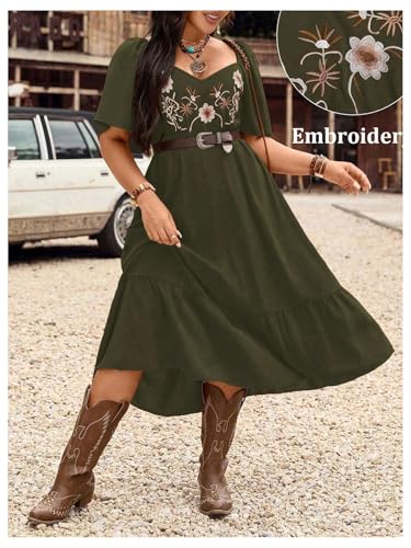 Women's Plus Size Western Cowgirl Dresses Flowy Ruffle Boho Floral Embroidered Short Sleeve Midi Long Dress4