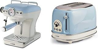 Ariete 1389 Expresso Vintage Céleste Bleu & Ariete Vintage 155 Grille-Pain 2 Tranches, 810 Watts, 6 Niveaux de Grillage, en Acier Inoxydable Peint en Couleur Bleu Ciel Pastel, Sans Pince
