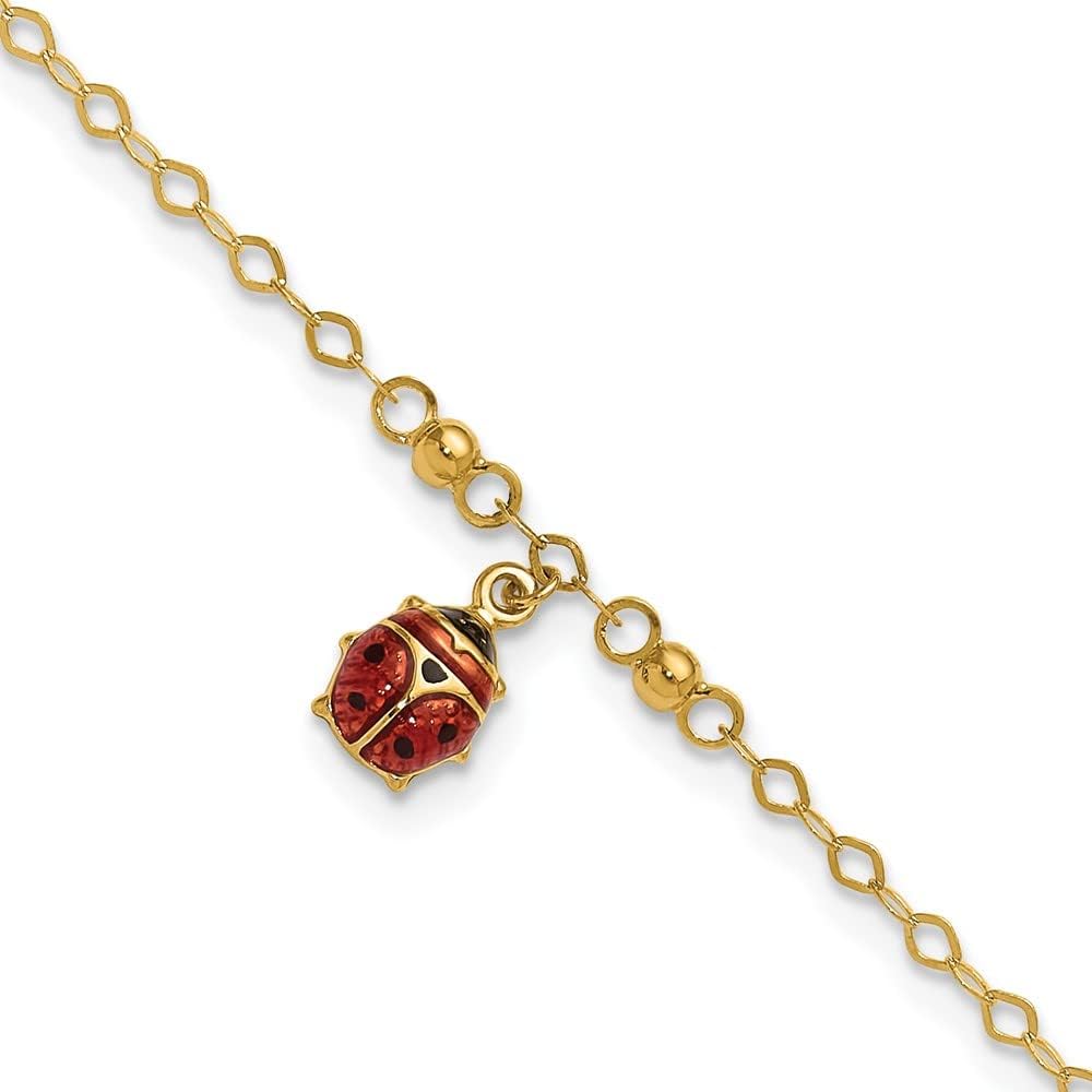 Solid 14k Yellow Gold Adjustable Enameled Ladybug Anklet 10"