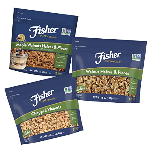 Fisher Walnut Lovers Bundle, 3 Pack, Chopped Walnuts, Walnut Halves and Pieces, Maple Walnuts, Unsalted, Naturally Gluten Free, No Preservatives, Non-GMO, Keto, Paleo, Vegetarian