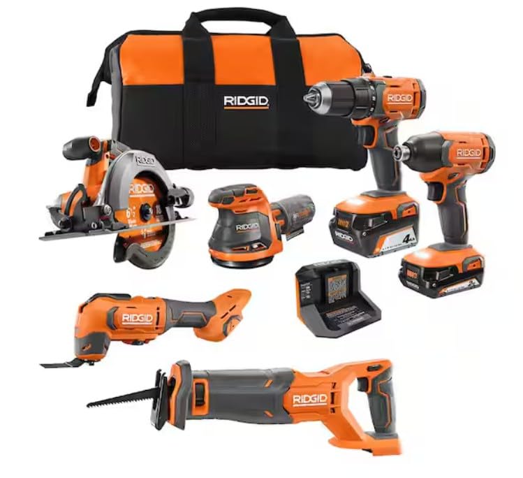 RIDGID 18V Cordless 6-Tool Combo Kit with 2.0 Ah Battery, 4.0 Ah Battery, Charger, and Bag