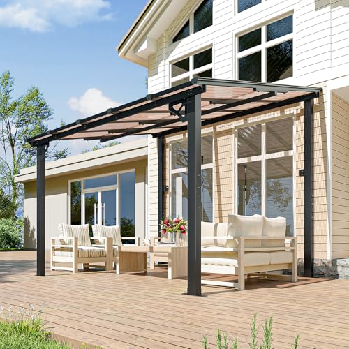 Image of 10x10FT Lean to Gazebo, Hardtop Metal Pergola with Polycarbonate Roof, Large Wall Mounted Heavy Duty Awnings, Patio Canopy for Backyard, Deck, Porch