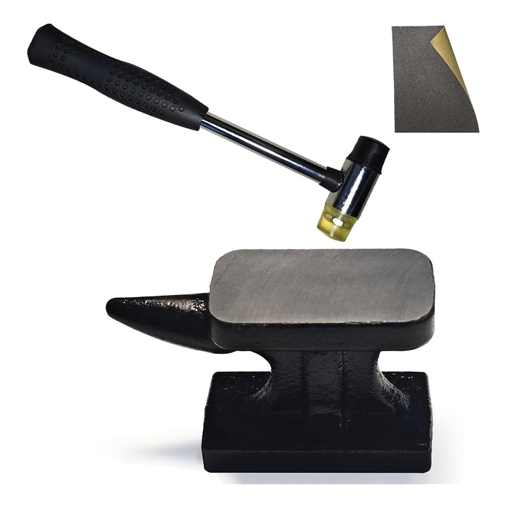 GIWFBQTR Mini Iron Horn Anvil & Hammer Set, 1.15 Lb ForgedIron Anvil with Rubber Hammer,for Metal Stamping, Silversmith