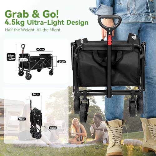 HIKENTURE Bollerwagen Faltbar 65Liter&100KG belastbar - Wiegt nur 4,9KG- Extrem Faltbarer Bollerwagen - Klappbarer Handwagen Einkaufstrolley für Strand Camping Einkauf
