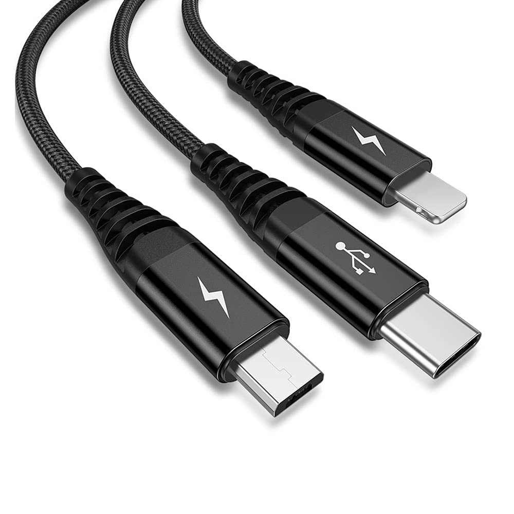 Multi Charging Cable, 3 in 1 Multi Charging Cable, Nylon Braided Multiple USB Multi Charging Cable, Adapter Type C Micro USB Port Connectors Compatible Cell Phones Tablets and many More (Black)