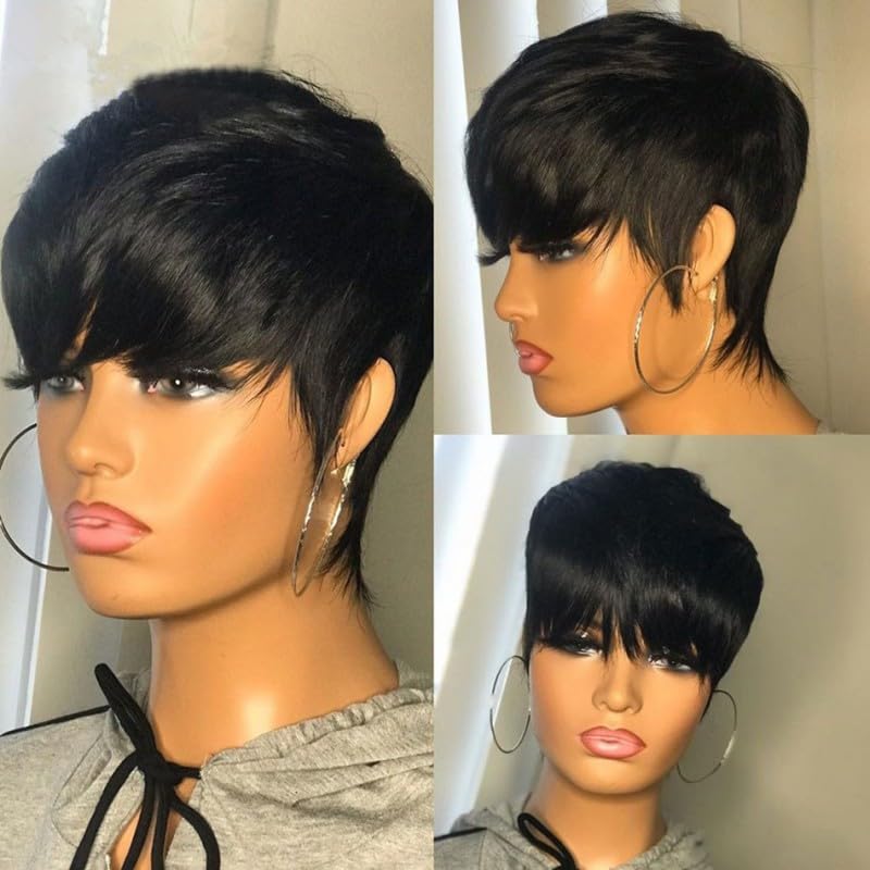 Pixie Cut Real Hair Wigs with Bangs Natural Short Black Layered Wavy Wigs Human Hair for Black Women Breathable Capless Heat Resistant Tangle Free (Black,4inch)