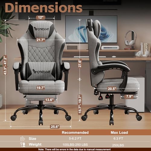 Image of Vonesse Gaming Chair, Office Chair with Linen Breathable Mesh Fabric, Desk Chair with Adjustable Lumbar Support, Executive Computer Chairs with Footrest and Headrest (Gray)