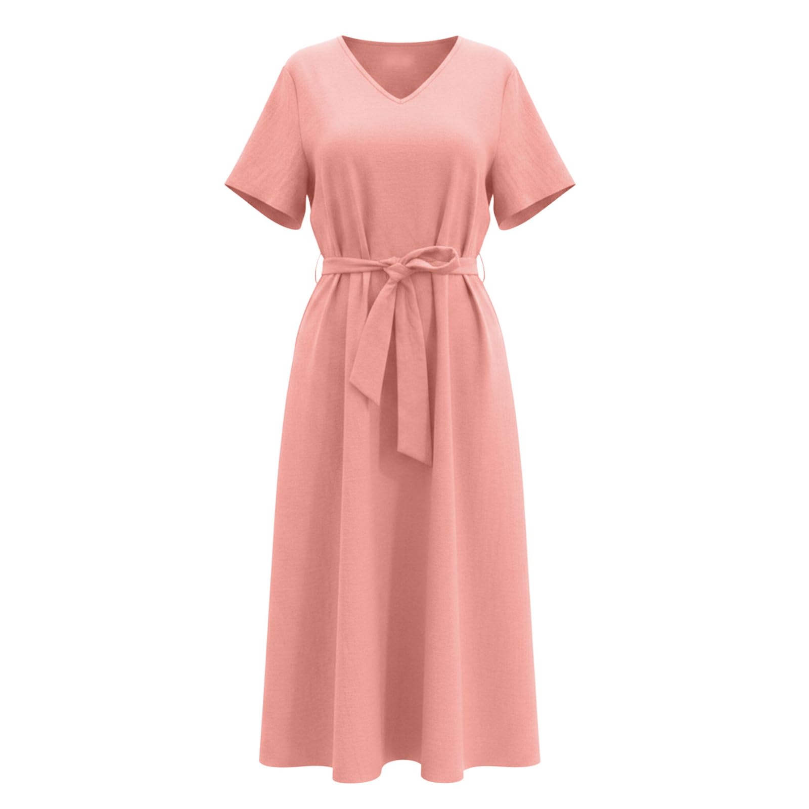Vestito da Spiaggia Abito da Donna in Lino con Scollo a V, Casual Estivo, a Maniche Corte, Midi, con Cintura, Abito svolazzante per Le Vacanze. Copricostume Cotone