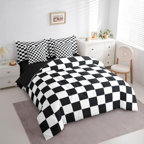 Image of Erosebridal Checkered Full Comforter Set 7 Piece Black and White Buffalo Plaid Bedding Sets for Kids Boys Teen Men,Geometric Grids Gingham Bed in A Bag with Sheets Modern Bed Set Bedroom Decor