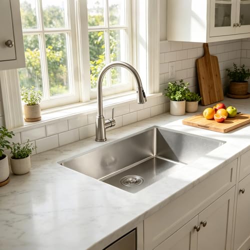 Image of 28 Inch Undermount Kitchen Sink, 28x18 inch 3D Embossed 16 Gauge Handmade Stainless Steel Single Bowl, 9 Inch Deep Under Mount, Brushed Nickel with Drain Strainer, RV Laundry Wet Prep Utility Sink