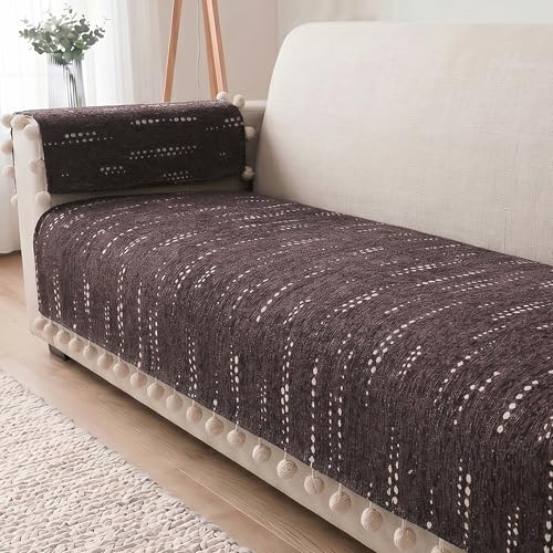 Image of Story@Home Chenille Sofa Mat 76x178Cm & Arm Rest Covers | Anti Slip 3 Seater Sofa Cover for 1 /2 /3 Seater & L Shape Sofa Cover | Measure Your Sofa & Create Your Own Custom Set - Mocha & Ivory