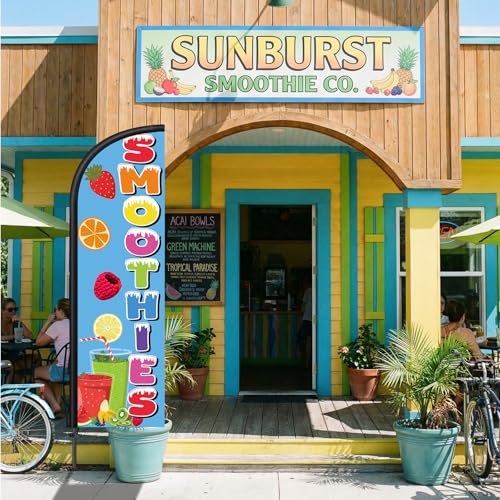 Image of Remagr 2 Pack Smoothies Feather Flag 7 ft Advertising Swooper Flag Sign Windless Smoothies Banner with Pole Kit and Ground Stake for Businesses Storefronts Retailers Shops Food Trucks Events