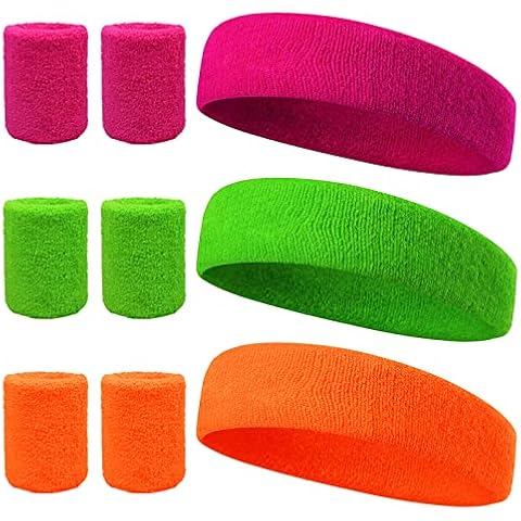 LAMEK 9pcs Headband and Wristbands Set Neon 80s Party Sweatbands Kit Sports Sweatband Head Band Wrist Bands Set for Kids Women Men Fun Run Fancy Dress Costume World Book Boy Girl Costume Accessories Cover