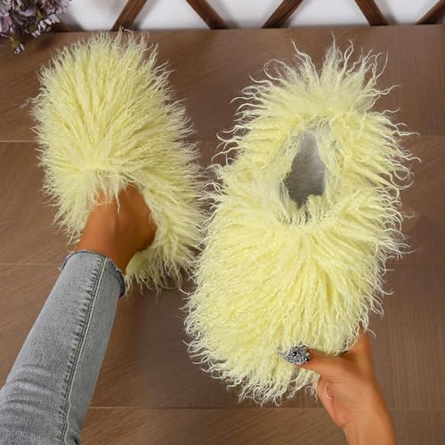 Image of Unisex Fuzzy Faux Fur Slippers, Women's Fluffy Long Hair Sheep Faux Fur Slip on Slides, Girls Luxury Big Fluffy Outdoor Flat Slippers, Long Curly Hair Non-Slip Warm Home Slide Shoes