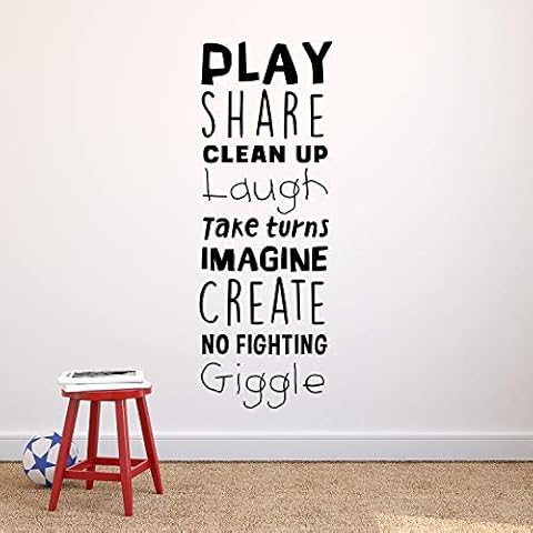 Vinyl Art Wall Decal - Play Share Clean Up Laugh Take Turns Imagine No Fighting Giggle - 53" x 19" - Cute Modern Decals for Kids Toddlers Home Bedroom Playroom Apartment Nursery Decor Stickers Cover