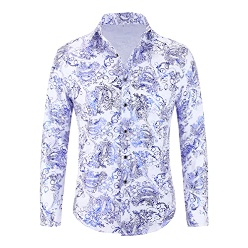 Allthemen Chemise Homme à Manches Longues Paisley Floral Jacquard Slim Fit Casual Imprimée pour Mariage Soirée Blanc XL