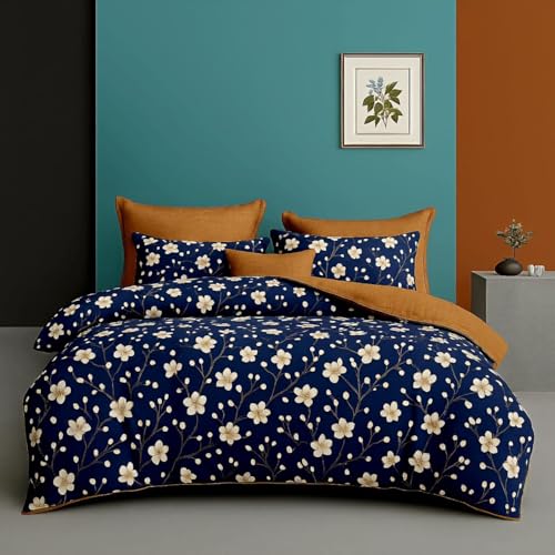 Image of Bedding Set Combo of Double Bed Duvet Cover Set with Fitted Bedsheet & 2 Pillow Covers | 300 TC Cotton Fabric | Zipper Closure |All Round Elastic|Warm Stuff|SED 035|Dark Blue Petals | Breathable material