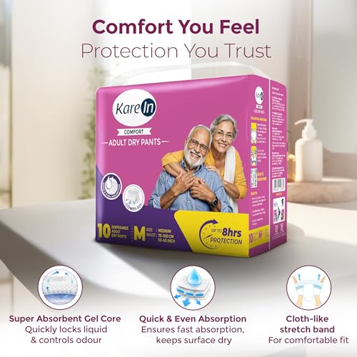 Image of KareIn Comfort Adult Diaper Pants, Medium 75-100 Cm (30 inch- 40 inch), Unisex, Leakproof, Elastic Waist, Wetness Indicator, Pack of 6, 60 Count
