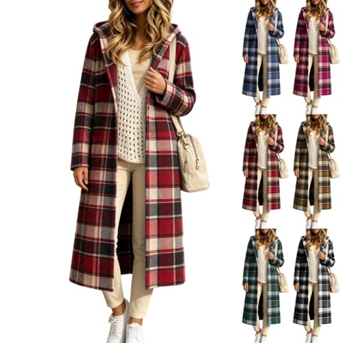 Plaid Jacket Women Long Hooded Button Down Cotton Casual Shacket Coats - image 1