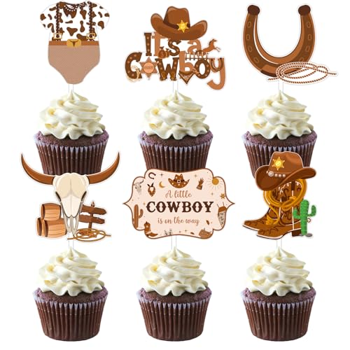 Wonmelody Western Cowboy Cake Decoration 36Pcs Cowboy Baby Shower Cupcake Toppers It'S A Cowboy Cupcake Toppers Wild West Party A Little Cowboy Is On The Way Decorations Cowboy Themed Party Supplies