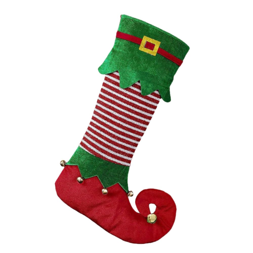 Mioyoow Red Elf Christmas Stocking, Knit Holiday Sock With Bell Decor, Custom Fireplace Hanging Stockings For Home Christmas Party Decorations