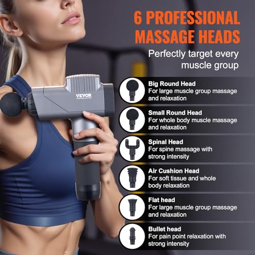 VEVOR Massage Gun Deep Tissue, Percussion Muscle for Athletes - with 8 Speed Levels & 6 Heads, 16V 2500mAh Batteries - Image 6