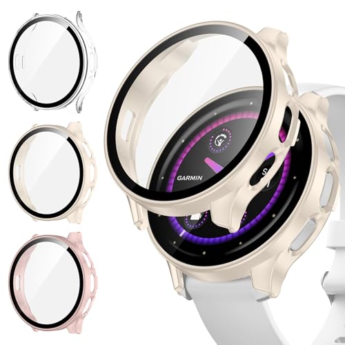 [3Stück] Kamita Schutzhülle Kompatibel mit Garmin Venu 3S 41mm Hart PC Bumper Case mit Displayschutz aus Gehärtetem Glas Stoßfest Voller Körper Schutz Gehäuse für Garmin Venu 3S 41 (Klar+Rosa+Weiß)