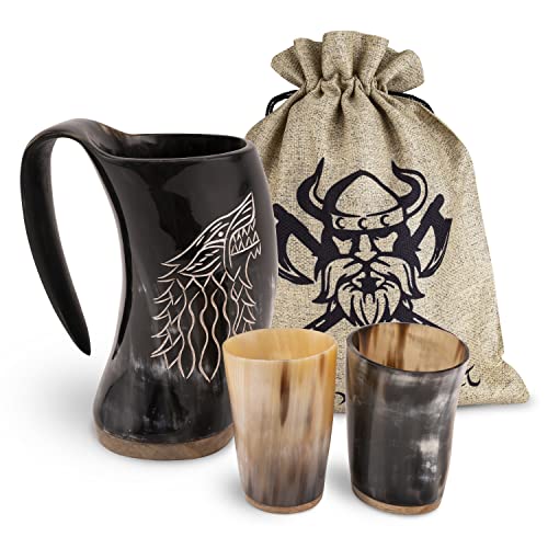 VIKING CRAFT Trinkhorn Wikinger Krug 600ml - Großer Hornkrug Fenrir und 2 Becher für Deinen Wikinger Met Honigwein - Hornbecher Wikinger Deko Mittelalter LARP