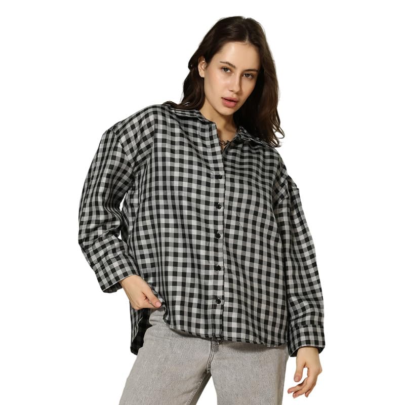 Campus Sutra Women's Oversized Shirt | Spread Collar, Long Cuffed Sleeves, Button Closure | Checks Twill Material | Cotton-Blend Shirt for Casual Wear in neutral