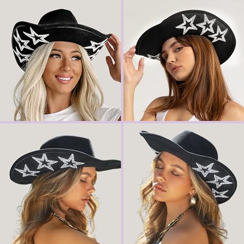 Image of Keilin Rhinestone Cowgirl Hat Disco Cowboy Hat Felt Western Nashville Bachelorette Party Hat for Teens and Adults