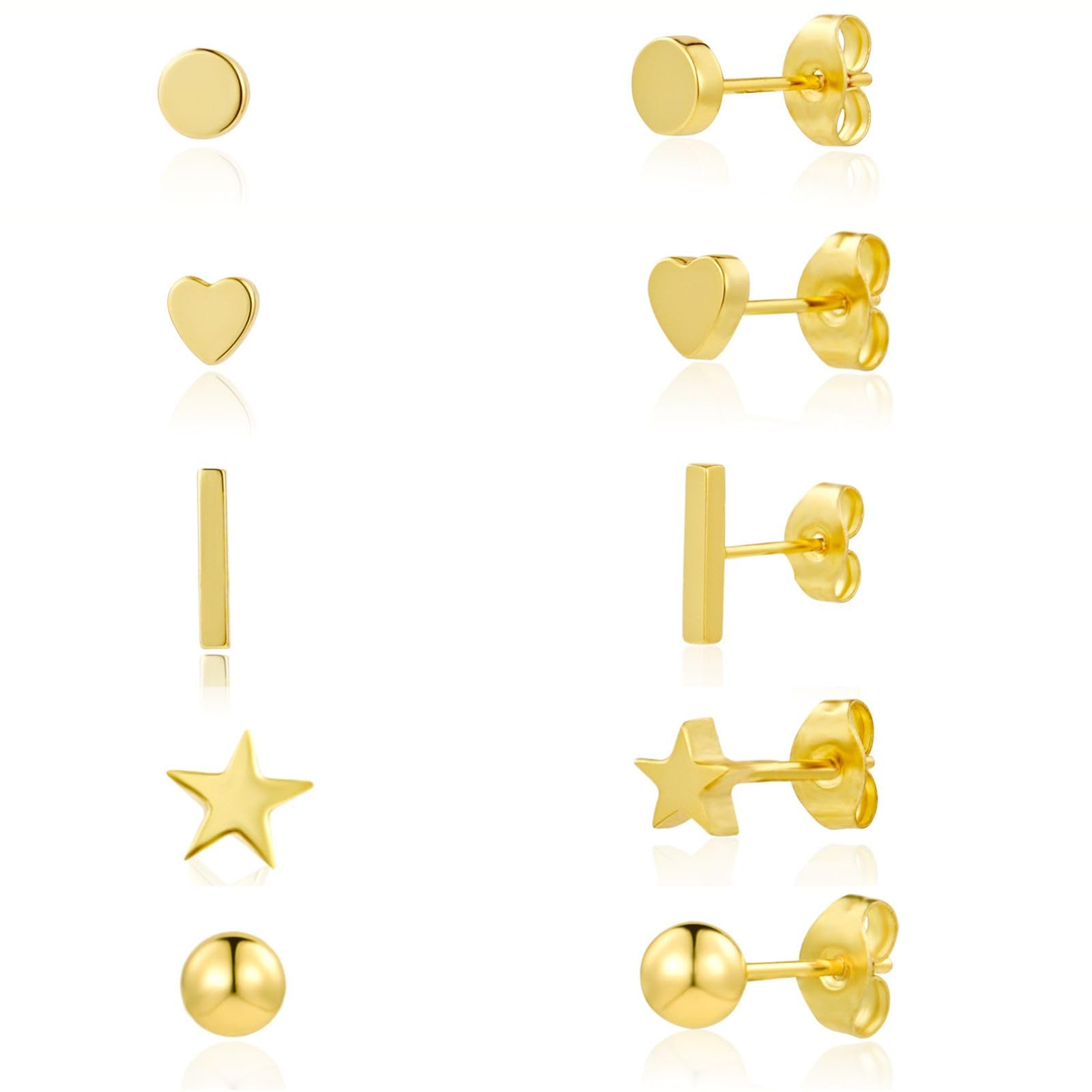 JINERA 5 Pairs Stud Earrings for Women 14K Plated Gold/Silver Pearl Ball Small Stud Earrings Set Cartilage Piercing Hypoallergenic Lightweight Flatback Earrings Jewelry Gifts for Women