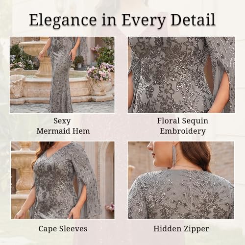 Image of Plus Size Formal Dresses for Women with Embroidery Sequin and Cape Sleeve, V-Neck Maxi Dress for Wedding and Party