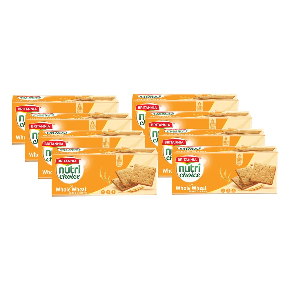 Britannia Nutri Choice Whole Wheat Salted Crackers 7.05oz (200g) - Healthy Breakfast & Tea Time Snacks (Pack of 8)