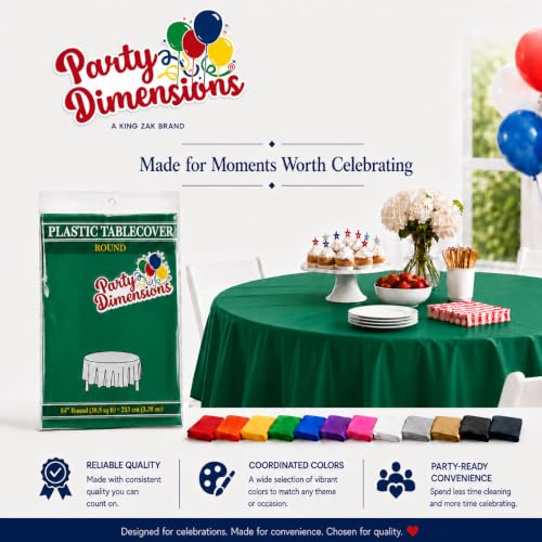 Image of Party Dimensions Green Disposable Plastic Tablecloth for Round Tables (12 Pack) Table Cloths for Parties, Events & Weddings, Indoors & Outdoors, 84 inches, Plastic Table Cover | Disposable Waterproof Table Cover for Birthdays, Weddings, Graduations, Picnics & BBQs, Indoor /Outdoor, Fits Tables up to 72 inch