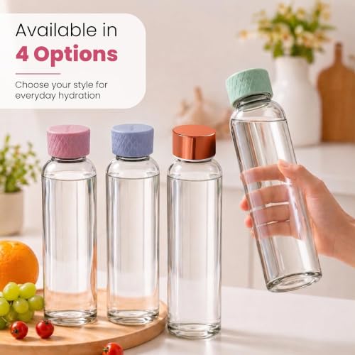 Image of Rioware Glass Water Bottle 1 Litre | Airtight lid | Leak Proof | Silicon Cap | Fridge Water Bottles for Home, Office & Gym (1 Ltr- Pack Of 4, Blue)
