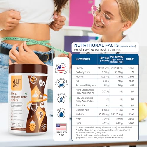 Image of 4UWell Meal Replacement Shake | Chocolate Flavour | Balanced Nutrition with 18 Vitamins & Minerals | Supports Energy, Metabolism & Active Lifestyle | Easy to Digest Powder, 500g