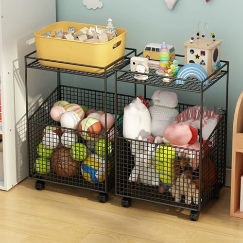 YQkasj おもちゃ収納ワゴン 棚 おもちゃ箱 本棚 雑貨収納 収納ボックス 大容量 収納ラック おもちゃ収納ラック バスケットラック 小物収納 2段 2段 収納カート キャスター付き おしゃれ 可愛い 大容量 子供部屋用収納 頑丈 カラー2 メタルラッ