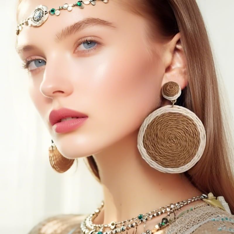 Image of 4 Pairs Handmade Raffia Rattan Bohemian Round Drop Dangle Earrings for Women, Boho Statement Cute Fun Hoop Earrings Set