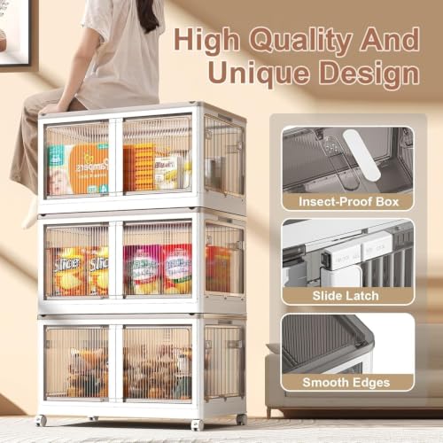 Image of 3 𝐏𝐀𝐂𝐊 Plastic Rack for Storage Cabinet with Wheels | Multipurpose Shelf Storage Services Almirah Wardrobe for Clothes, Kitchen Cupboard | Plastic Organizer with Transparent Doors