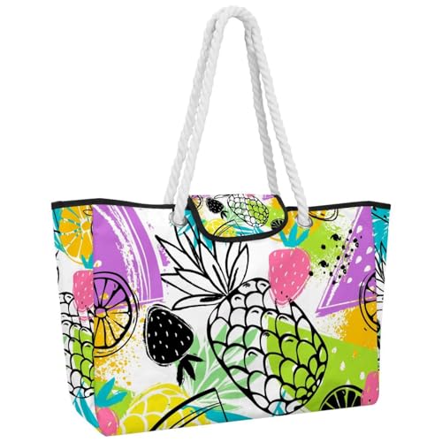 VAPOKF Bolso de mano grande para mujer, bolso de hombro con asa superior para viajes, trabajo, escuela, compras, piña, sandía, fresa, multicolor, 14.5x20.8x5.5in/37x53x14cm