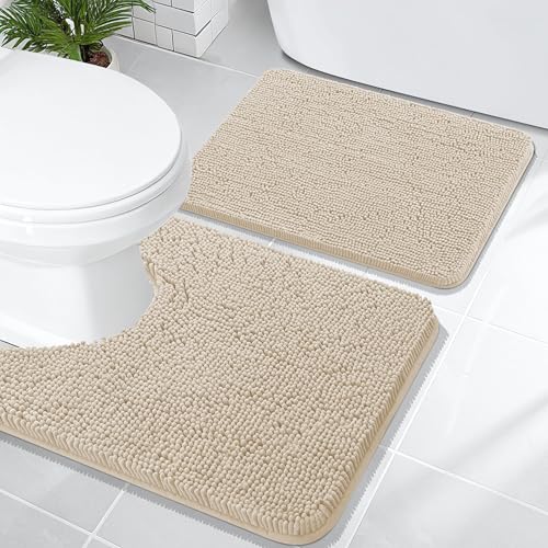 Image of OLANLY Bathroom Rugs Sets 2 Piece, Soft Absorbent Chenille Bath Mats and U-Shaped Contour Toilet Mat Area Rug Set, Machine Washable Bath Carpet, Home Decor Accessories(24 inchx16 inch+24 inchx20 inch, Sand)