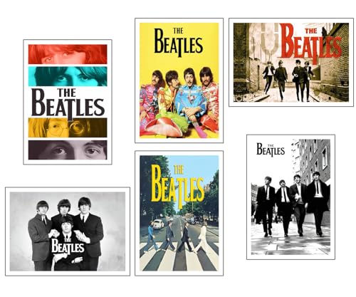 Set 6 cuadros base madera, Decoración Salón Modernos, Dormitorios, Habitación, Los Beatles con colgadores metálicos, (29 x 20 cm cada cuadro)