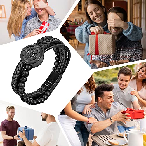 Image of murtoo Men's Bracelet Leather with Compass, Braided Leather Bracelets for Men Magnetic Clasp 7.5 /8.5 /9.5 inch Gift for Husband Boyfriend Father