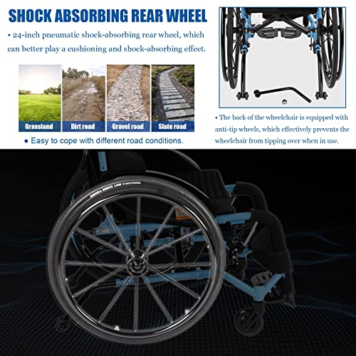 Ultralight All Terrain Wheelchairs For Adults, Portable Lightweight Foldable Wheelchair With Shock Absorbing Pneumatic Tires, Aluminum, Weight Capacity 350Lbs,Red,Seat Width 15" #TOP3