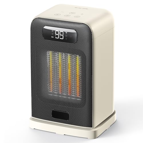 FLANUR Space Heaters for Indoor Use, 1500W Small Desk Heater 2 in 1 with Remote, Thermostat, LED Display, Overheat & Tip Over Protection, 12H Timer, 70° Oscillating Heater for Office, Ivory