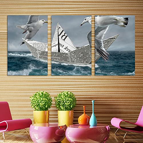 Tableau mer vague et mouettes en 3 pièces pour salon - 3